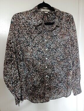Coldwater Creek Brown and Cream Abstract Floral Button-Up Shirt PM (10 - 12)